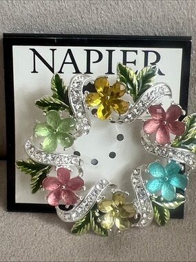 NWT Napier Multicolor Enamel Floral Wreath Brooch with Crystals